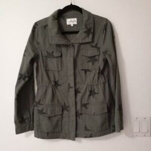 Vigoss Utility Jacket Olive Star Print Button Front Cinched Waist Womens